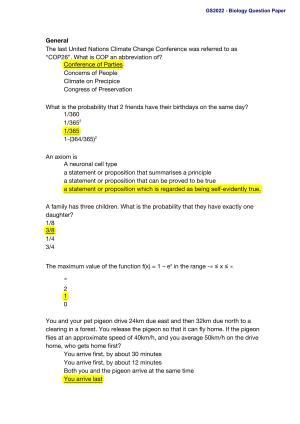 TIFR GS 2022 Biology Question Paper