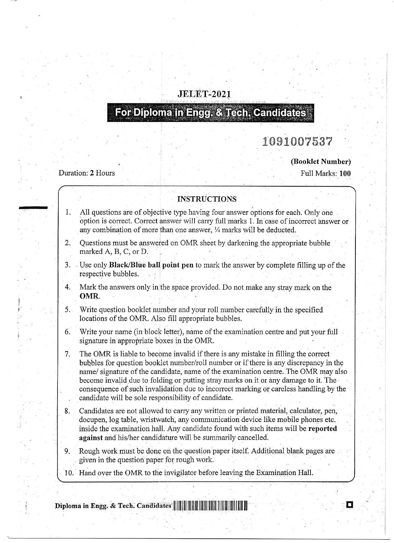 WBJEE  JELET 2021 ( Engg. & Tech.) - Page 1
