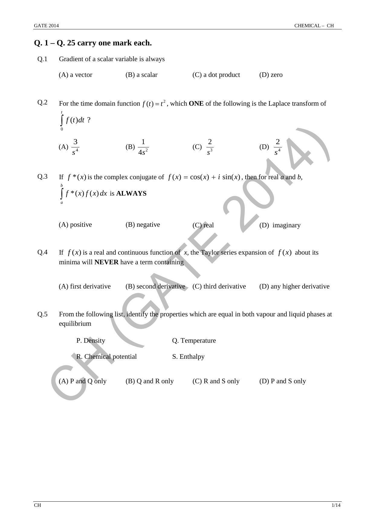GATE 2014 Chemical Engineering (CH) Question Paper with Answer Key - Page 7