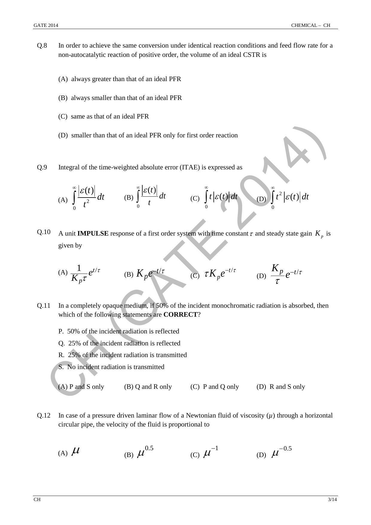 GATE 2014 Chemical Engineering (CH) Question Paper with Answer Key - Page 9