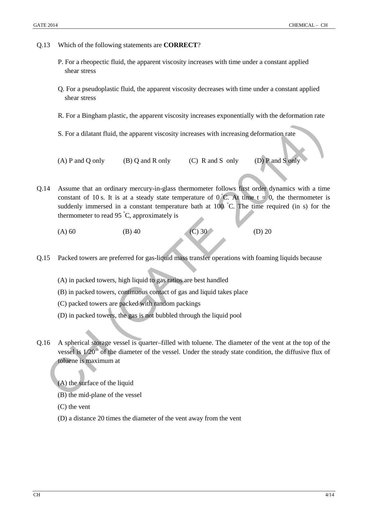 GATE 2014 Chemical Engineering (CH) Question Paper with Answer Key - Page 10