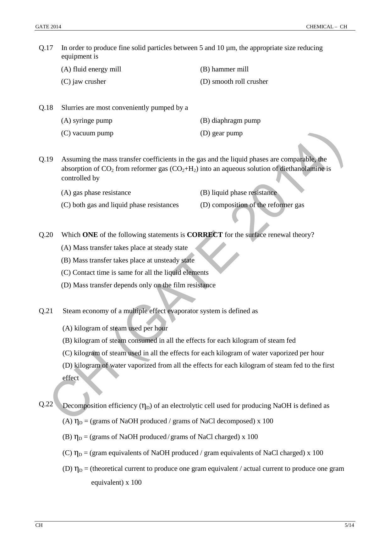 GATE 2014 Chemical Engineering (CH) Question Paper with Answer Key - Page 11