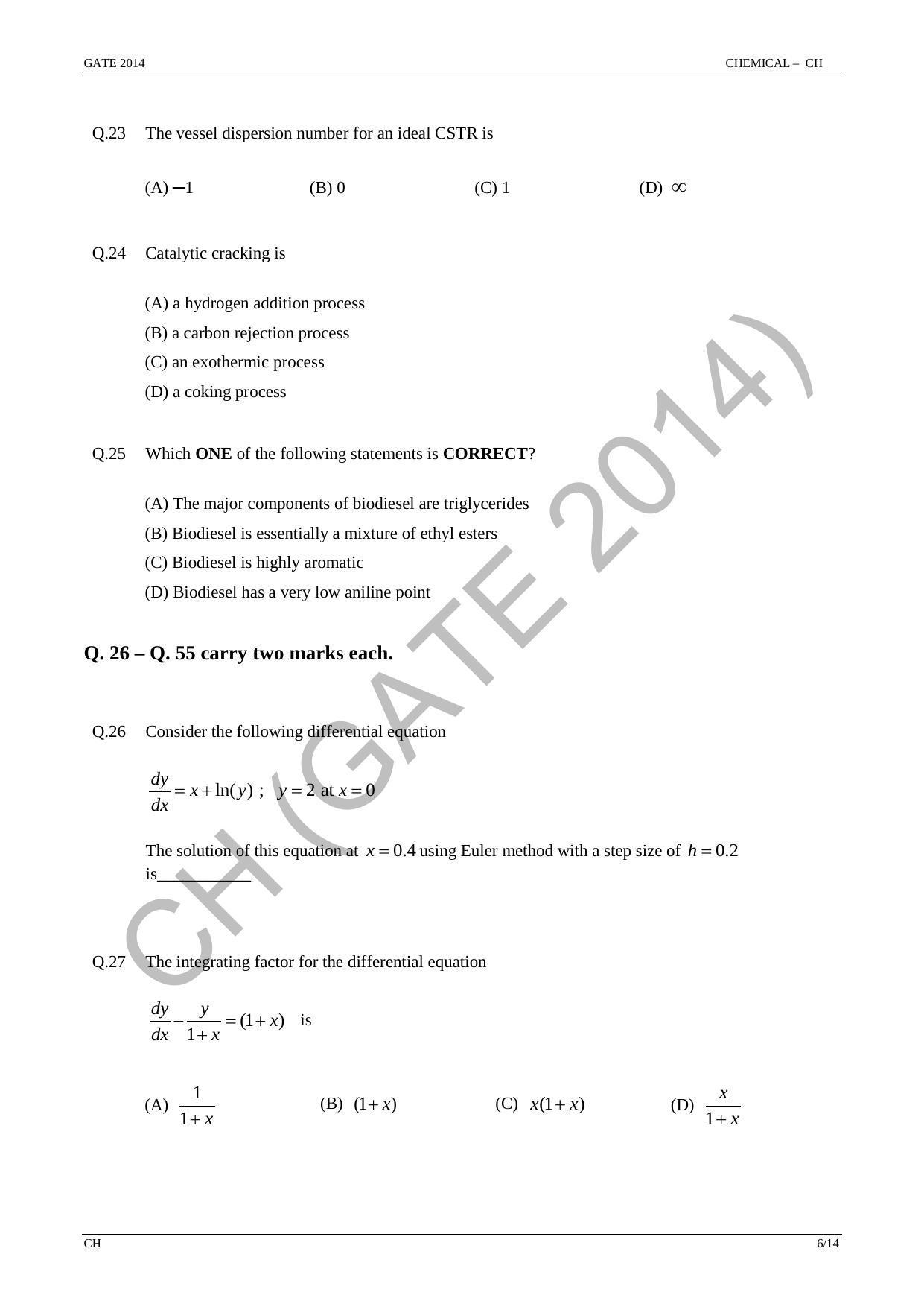 GATE 2014 Chemical Engineering (CH) Question Paper with Answer Key - Page 12