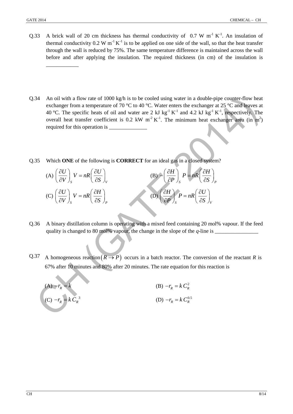 GATE 2014 Chemical Engineering (CH) Question Paper with Answer Key - Page 14