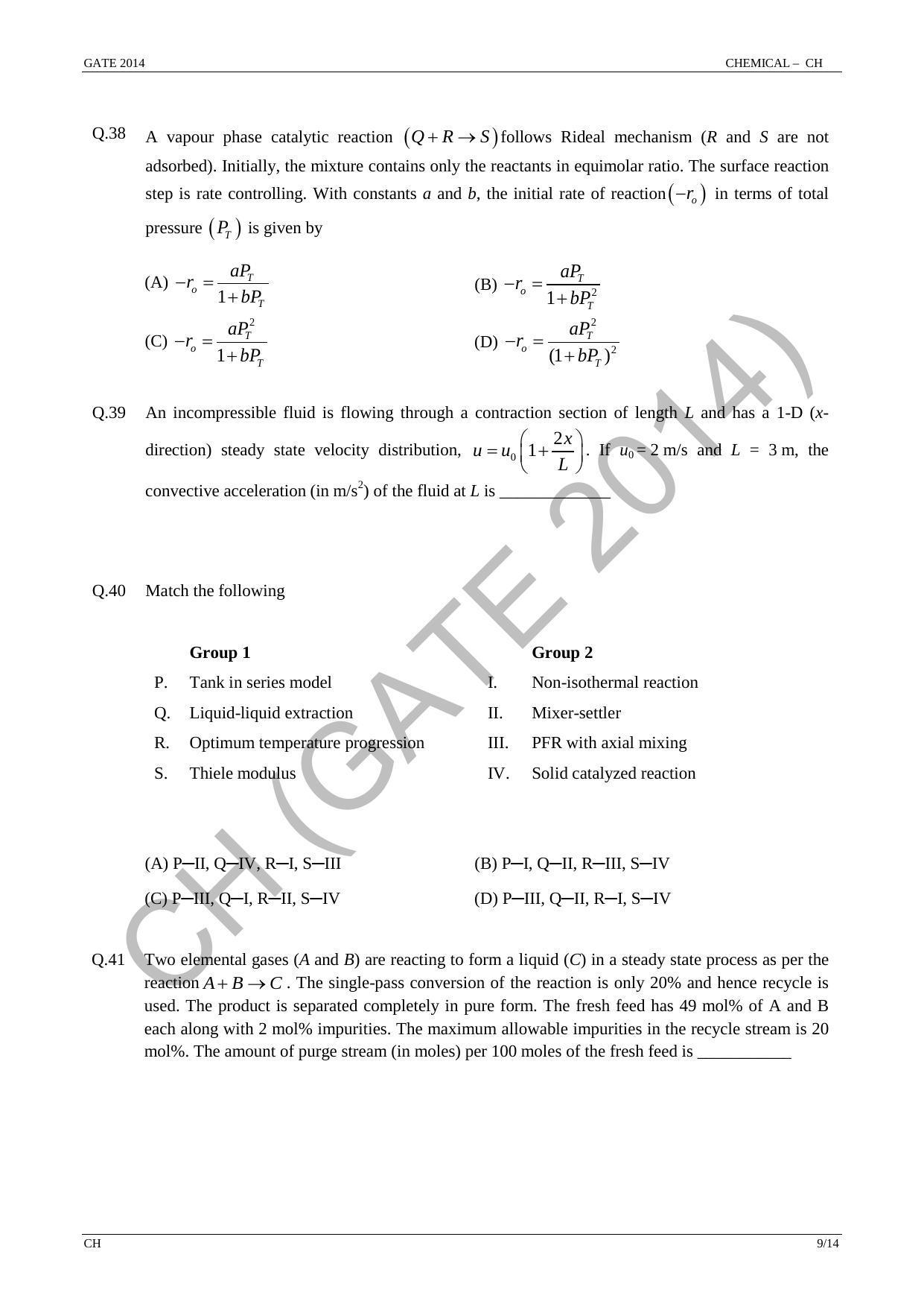 GATE 2014 Chemical Engineering (CH) Question Paper with Answer Key - Page 15