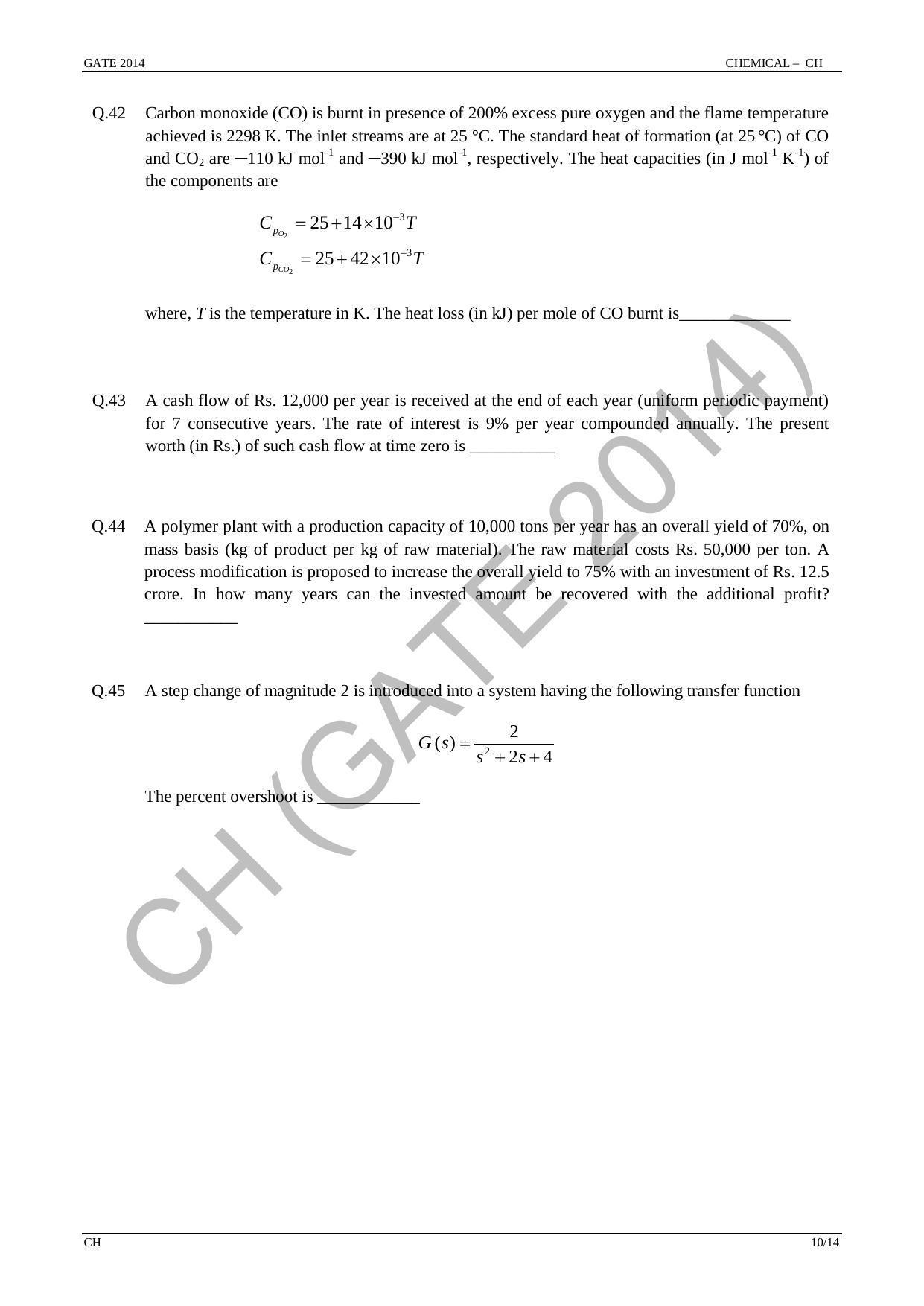 GATE 2014 Chemical Engineering (CH) Question Paper with Answer Key - Page 16