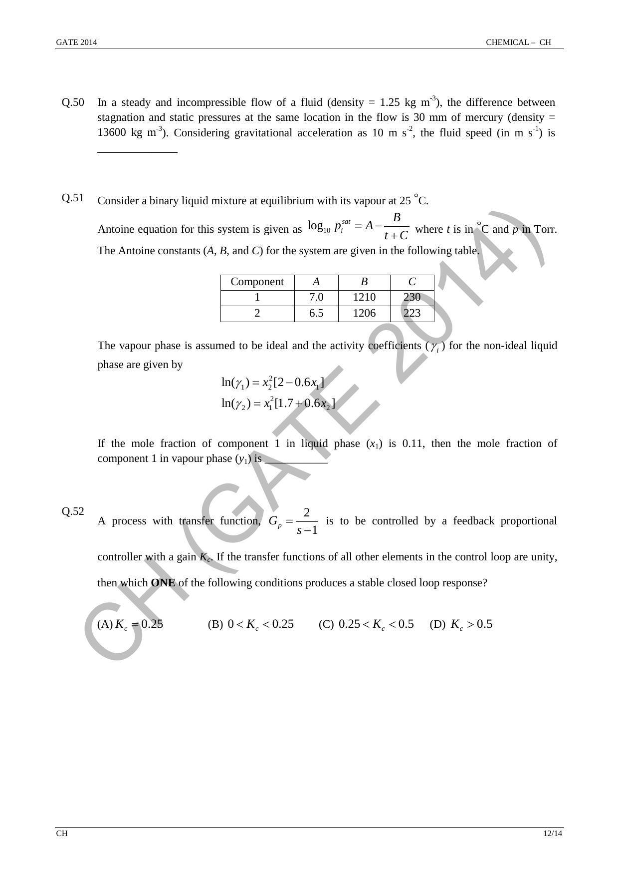 GATE 2014 Chemical Engineering (CH) Question Paper with Answer Key - Page 18