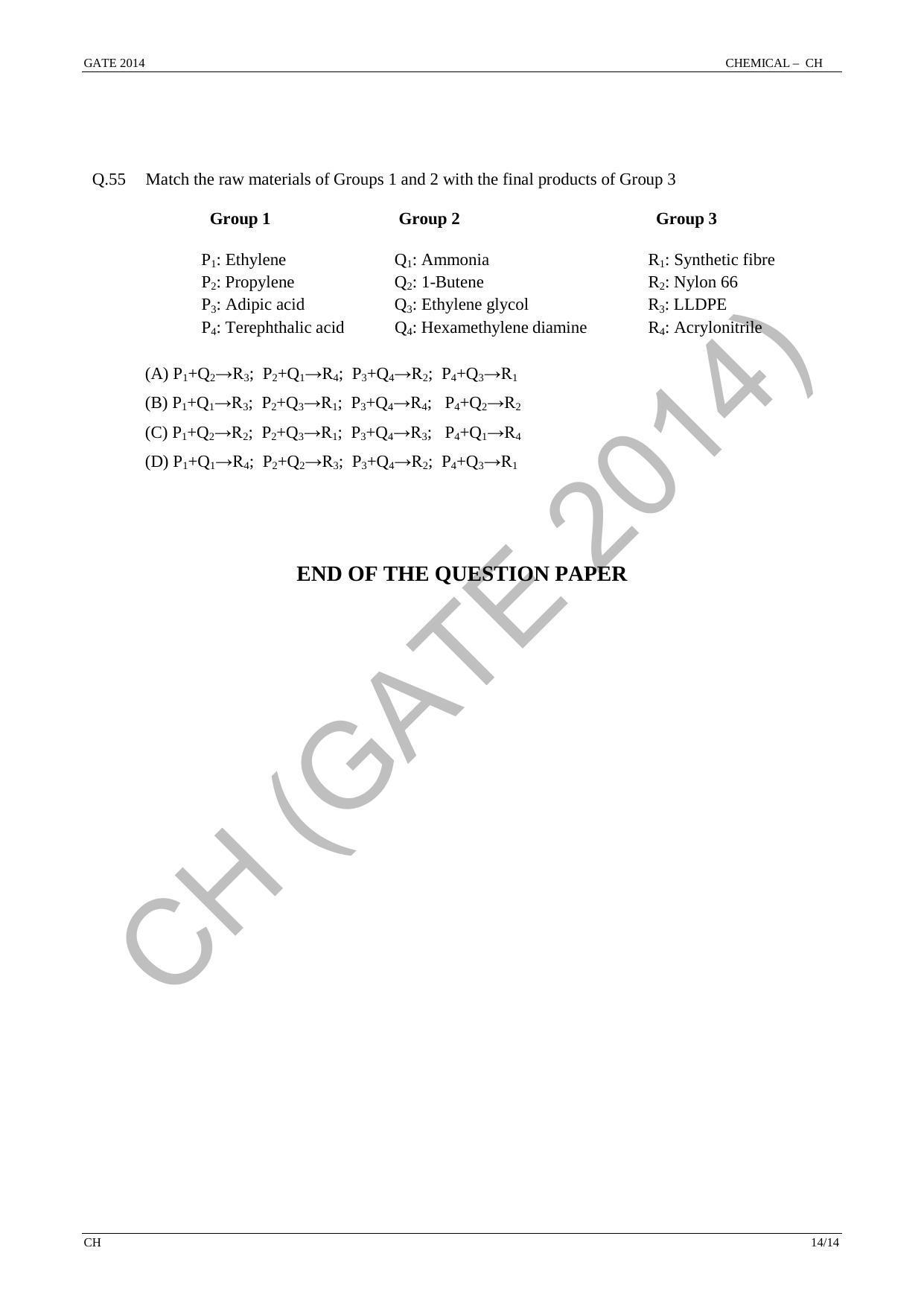 GATE 2014 Chemical Engineering (CH) Question Paper with Answer Key - Page 20