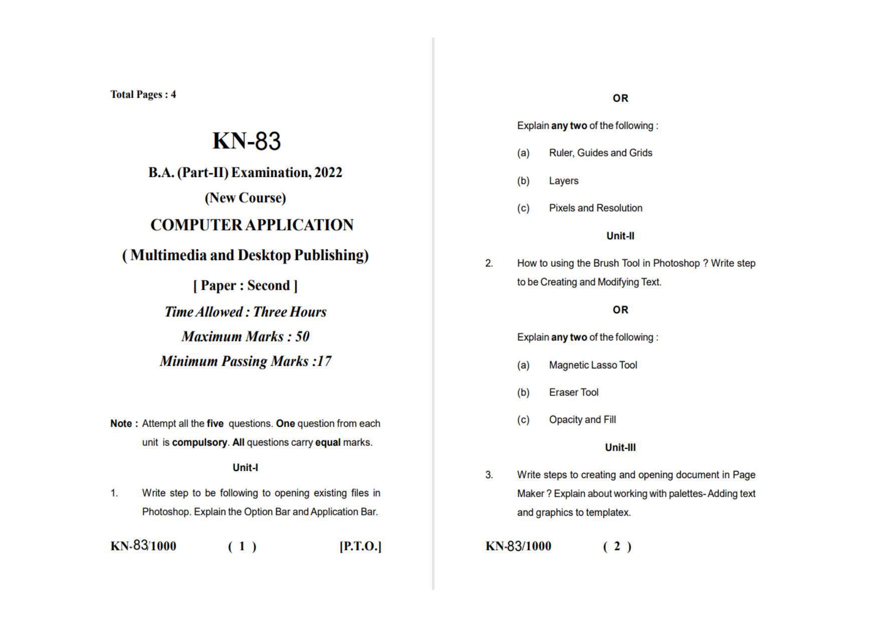Sarguja University Question Paper - 2022 :   B.A. Part Two (10+2+3) 3 Y DC Computer Applications Paper II - Page 1
