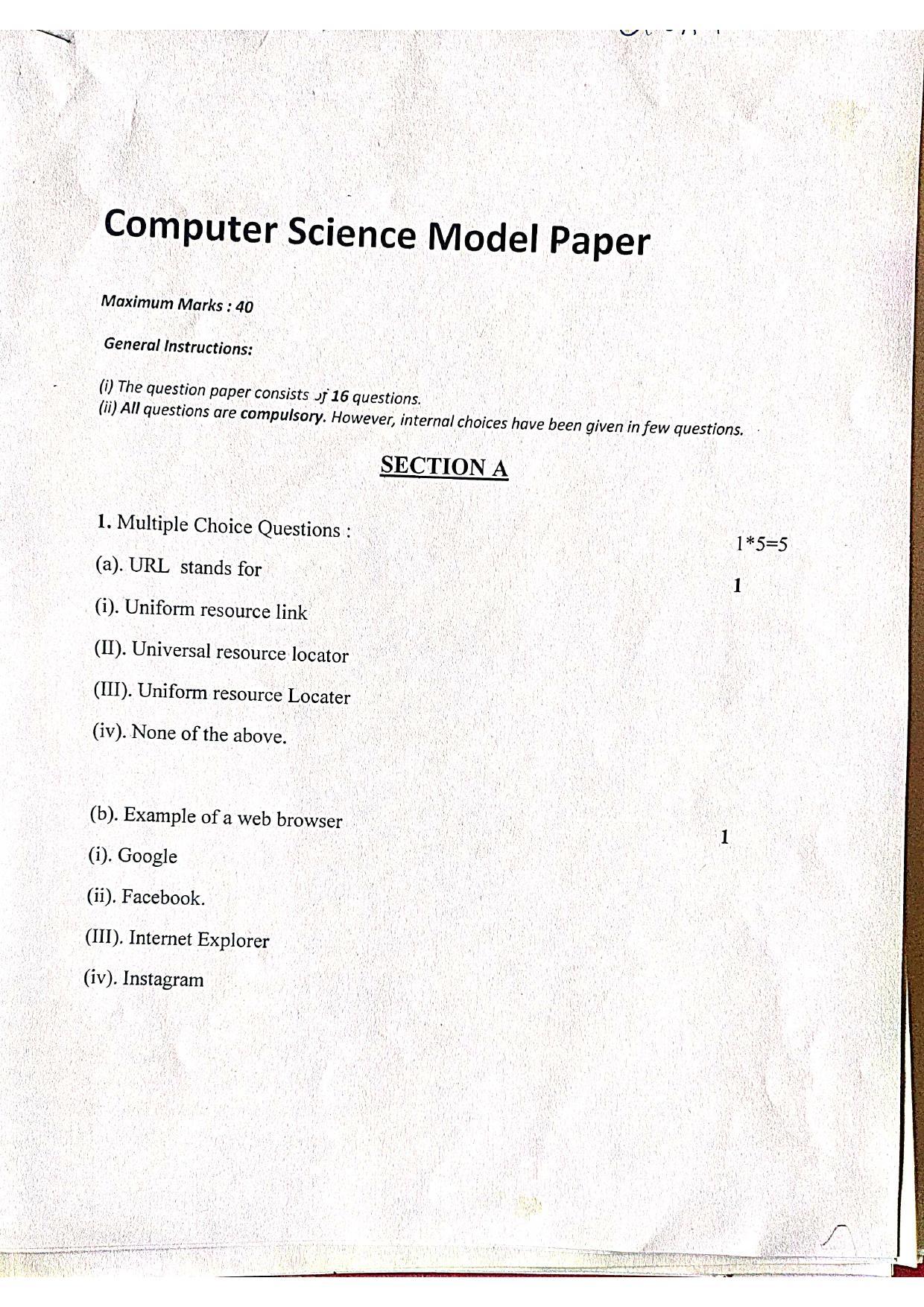 JKBOSE Class 10 Computer Science Model Question Paper 2023 - Page 1