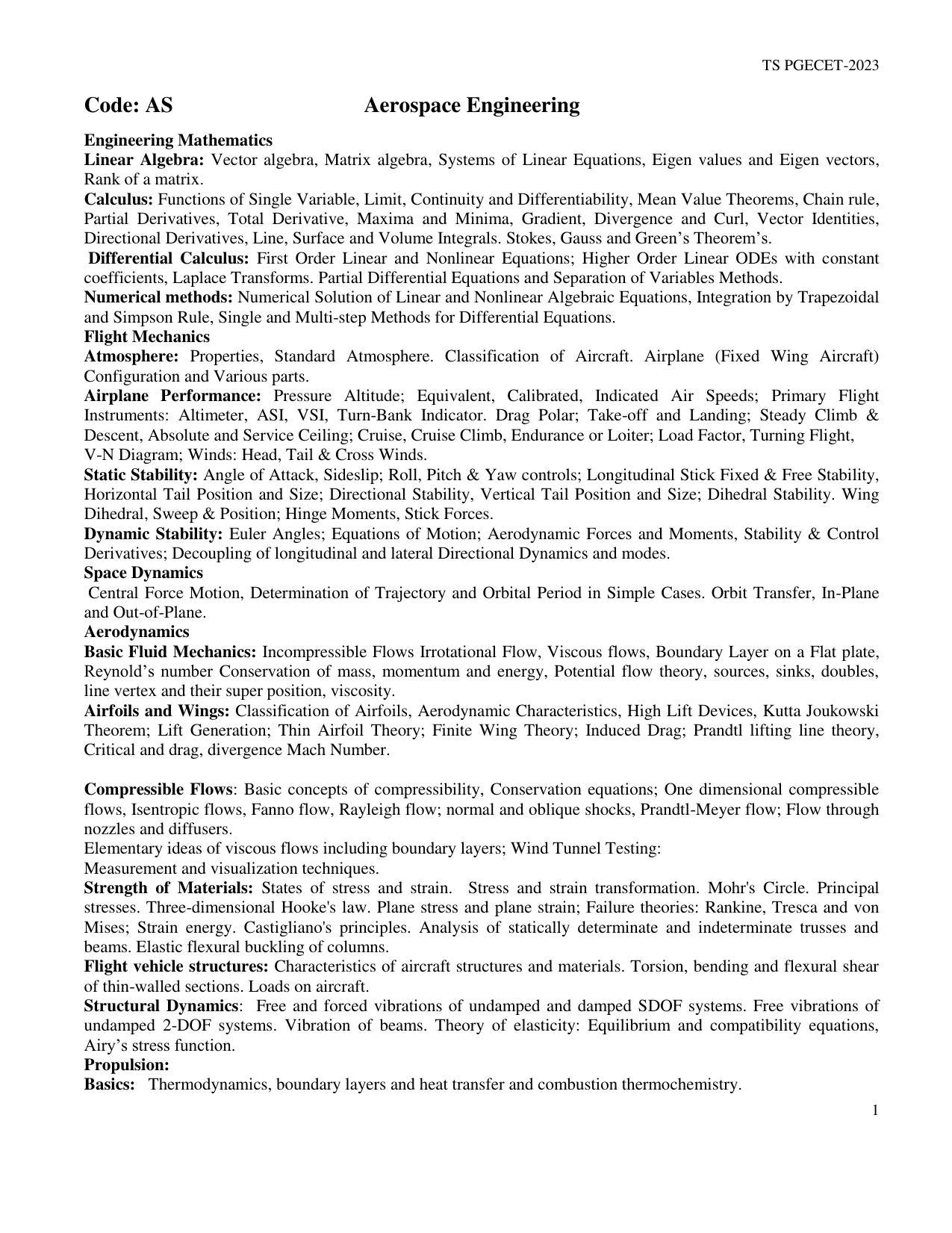 TS PGECET Aerospace Engineering Syllabus - Page 1