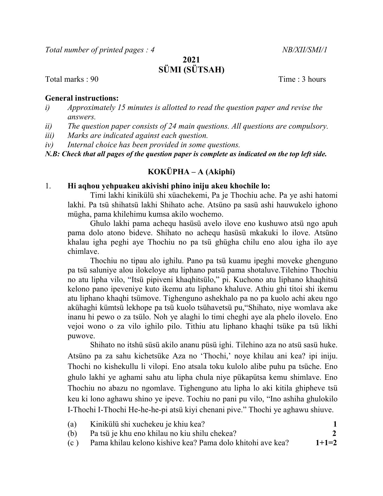 Nagaland Board Class 12 Sumi (SUTSAH) 2021 Question Paper - Page 1
