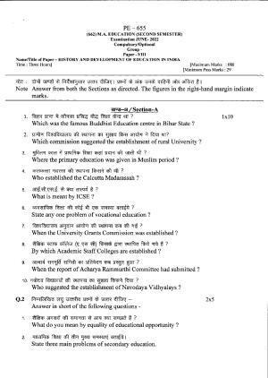 Bilaspur University Question Paper June 2022:M.A. Education (Second Semester) History And Development Of Education In India Paper 1