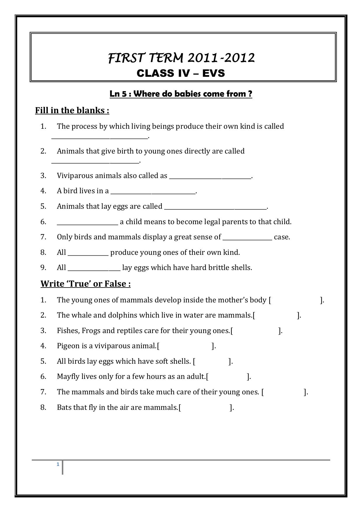 Worksheet for Class 4 Environmental Studies Our Sense Organs Assignment - Page 1