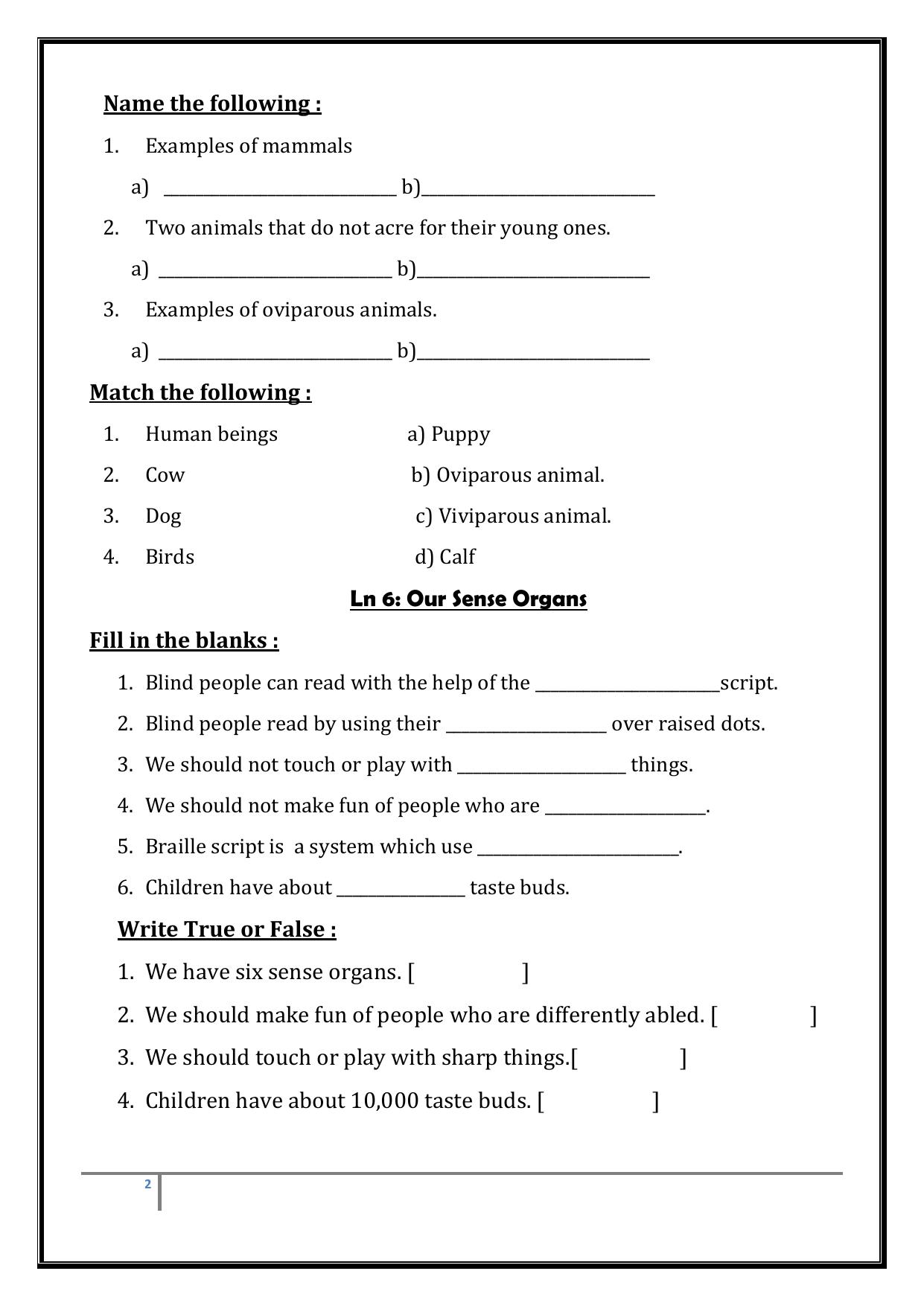 Worksheet for Class 4 Environmental Studies Our Sense Organs Assignment - Page 2