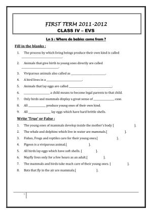 Worksheet for Class 4 Environmental Studies Our Sense Organs Assignment