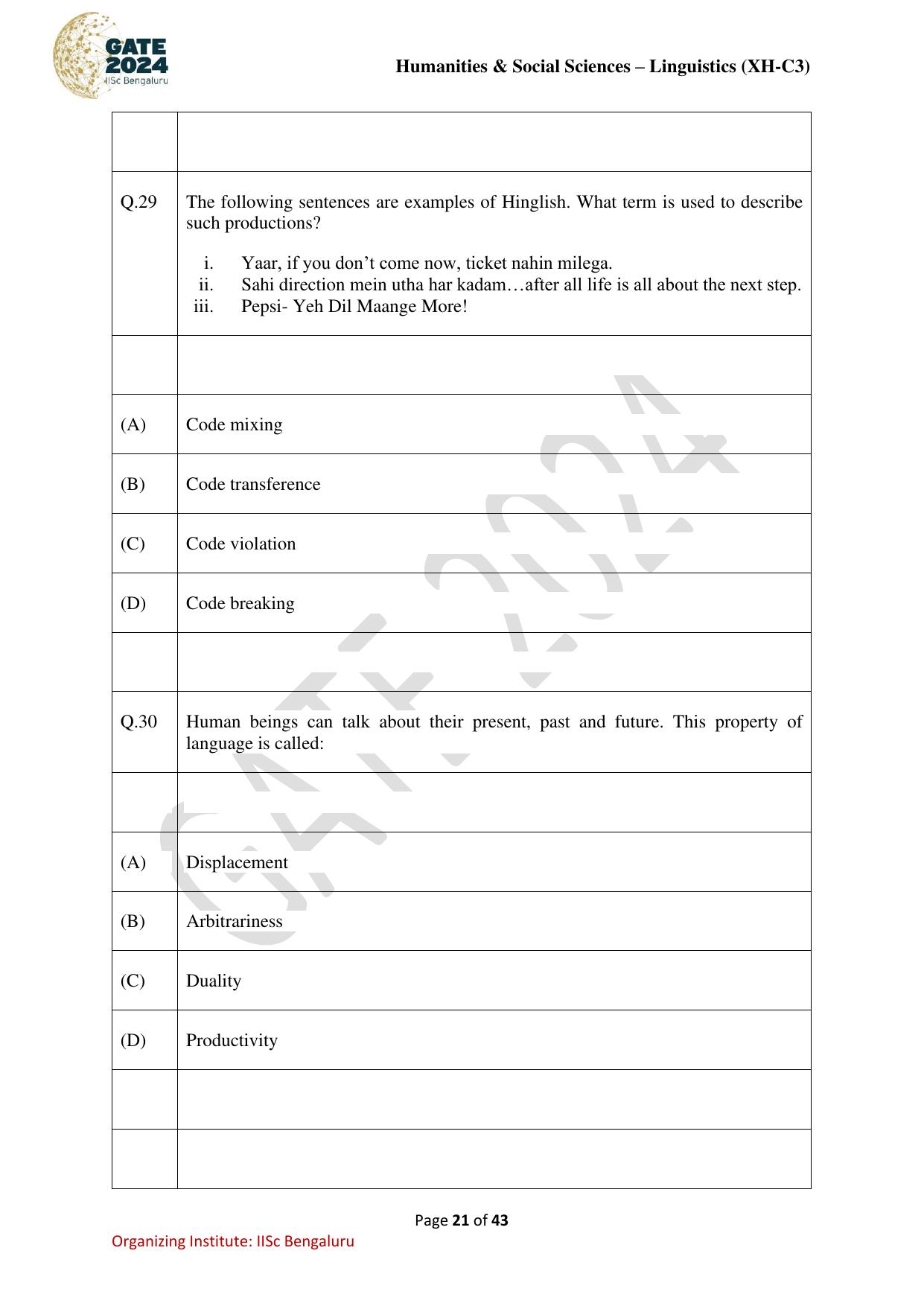GATE 2024 Humanities & Social Sciences - Linguistics (XH-C3) Question Paper - Page 21