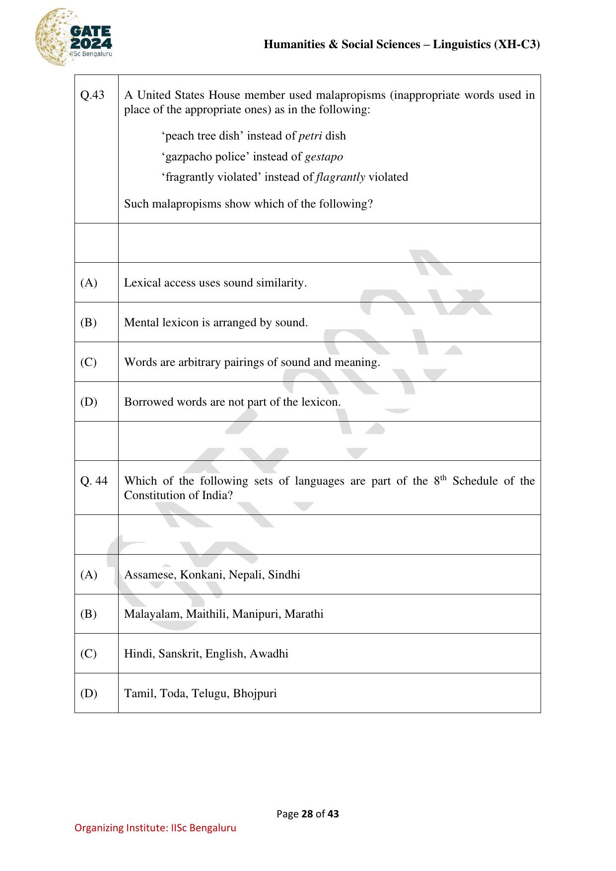 GATE 2024 Humanities & Social Sciences - Linguistics (XH-C3) Question Paper - Page 28