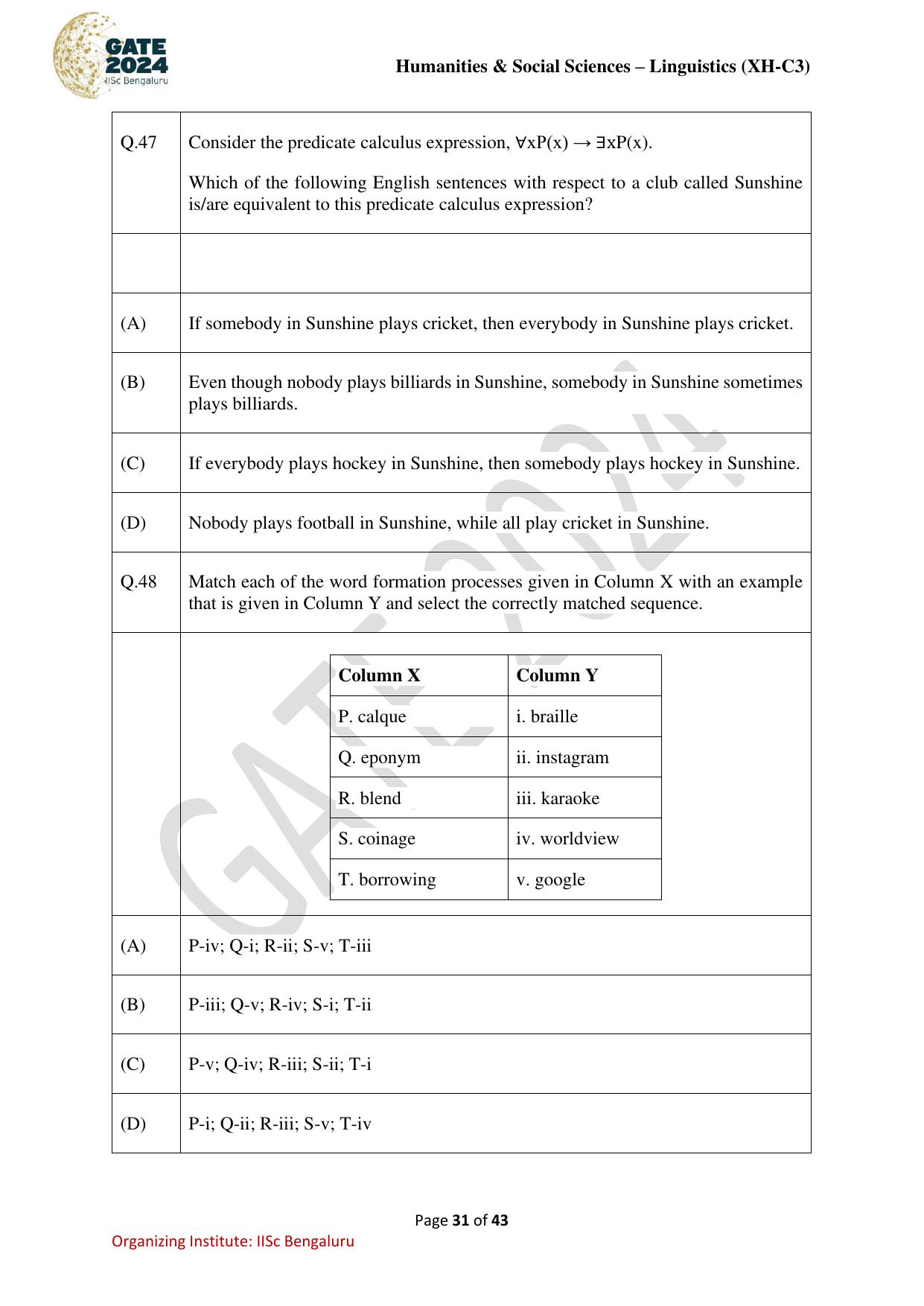 GATE 2024 Humanities & Social Sciences - Linguistics (XH-C3) Question Paper - Page 31
