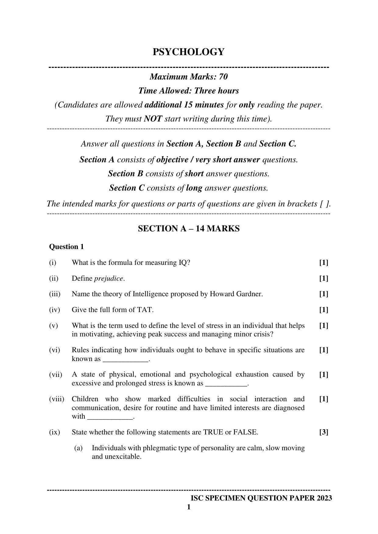 ISC Class 12 Psychology Sample Paper 2023 - Page 1