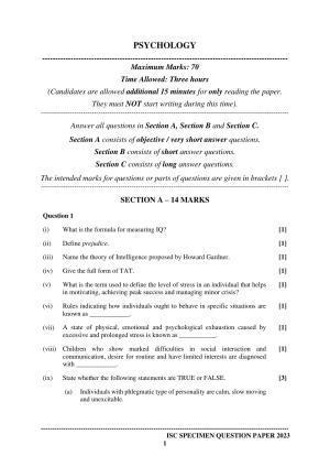 ISC Class 12 Psychology Sample Paper 2023