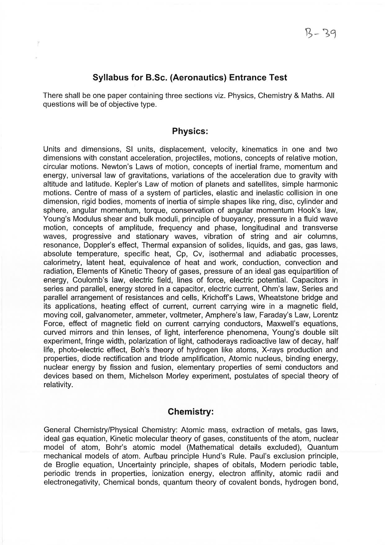 JMI Entrance Exam B39-B.Sc.-Aeronautics (Mechanical/Avionics) (self-financed) Syllabus - Page 1