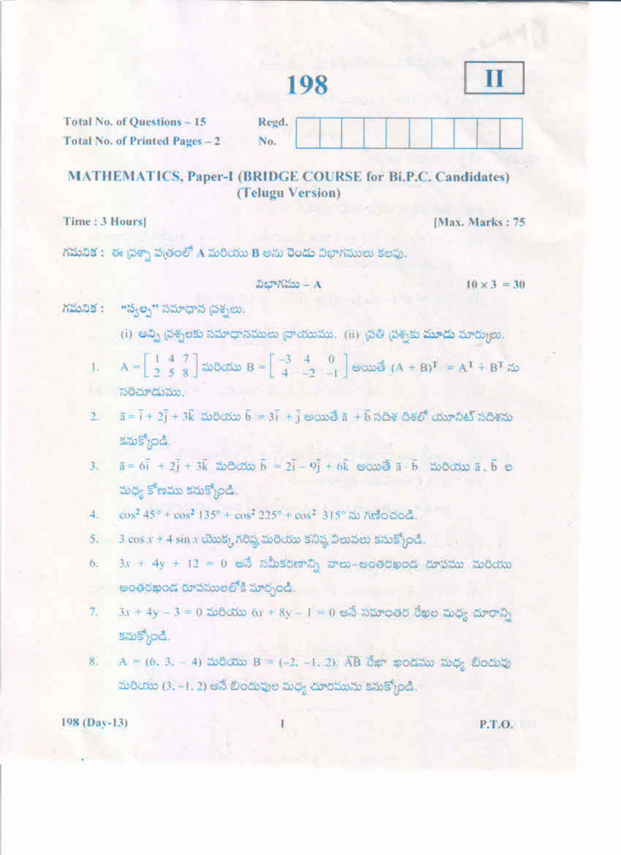 AP Inter 1st Year Mathematics-I(Bridge Course) (TM) May-2019-General Question Paper - Page 1