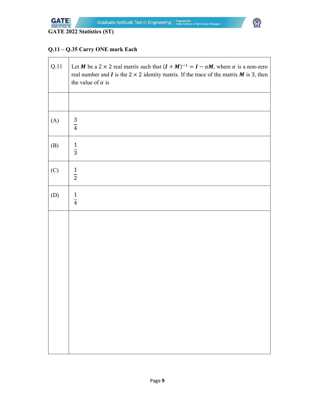 GATE 2022 Statistics (ST) Question Paper - Page 9