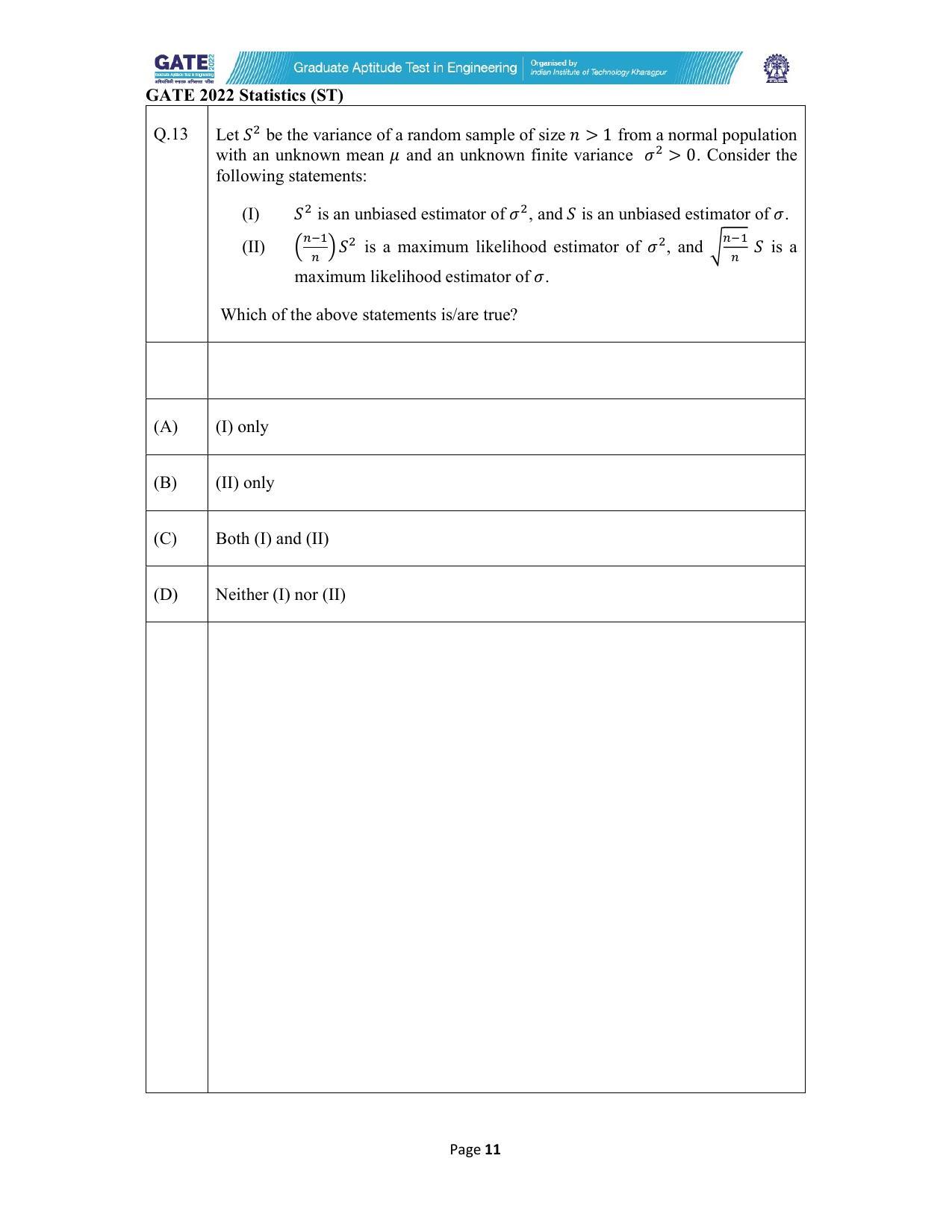 GATE 2022 Statistics (ST) Question Paper - Page 11