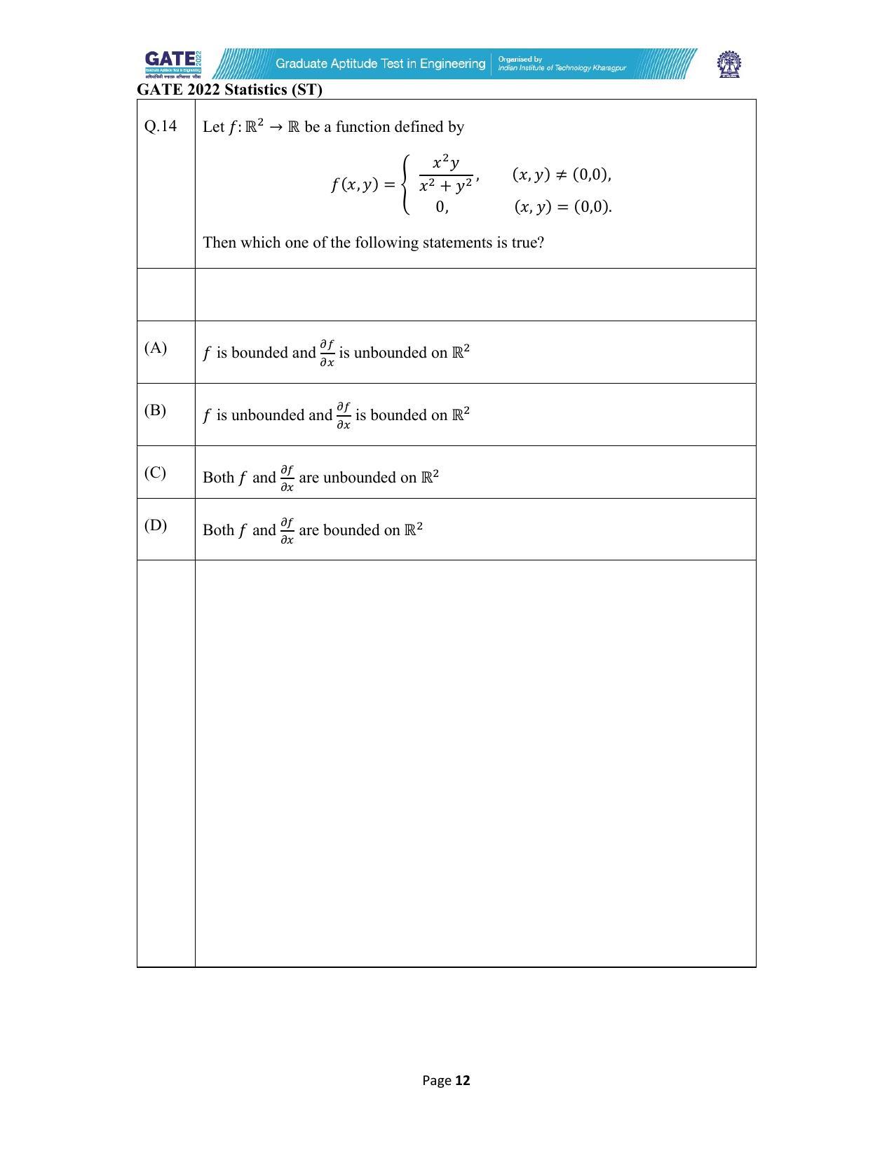 GATE 2022 Statistics (ST) Question Paper - Page 12