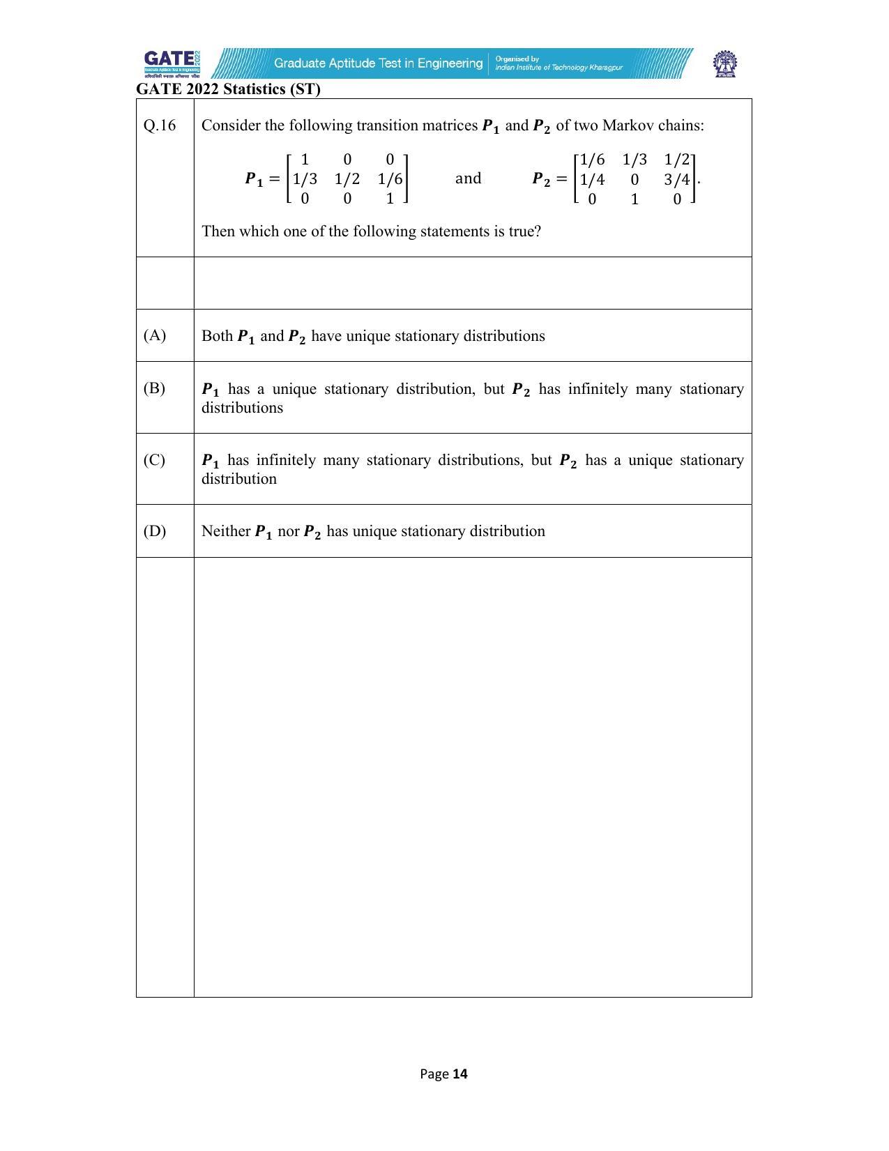 GATE 2022 Statistics (ST) Question Paper - Page 14