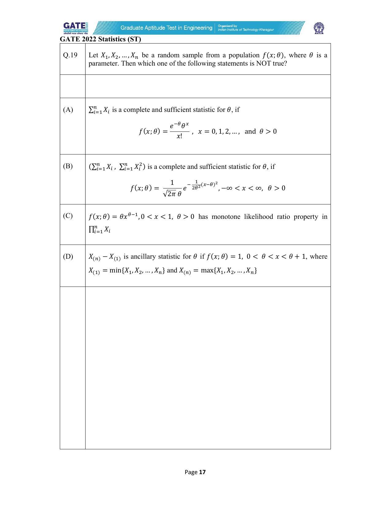GATE 2022 Statistics (ST) Question Paper - Page 17