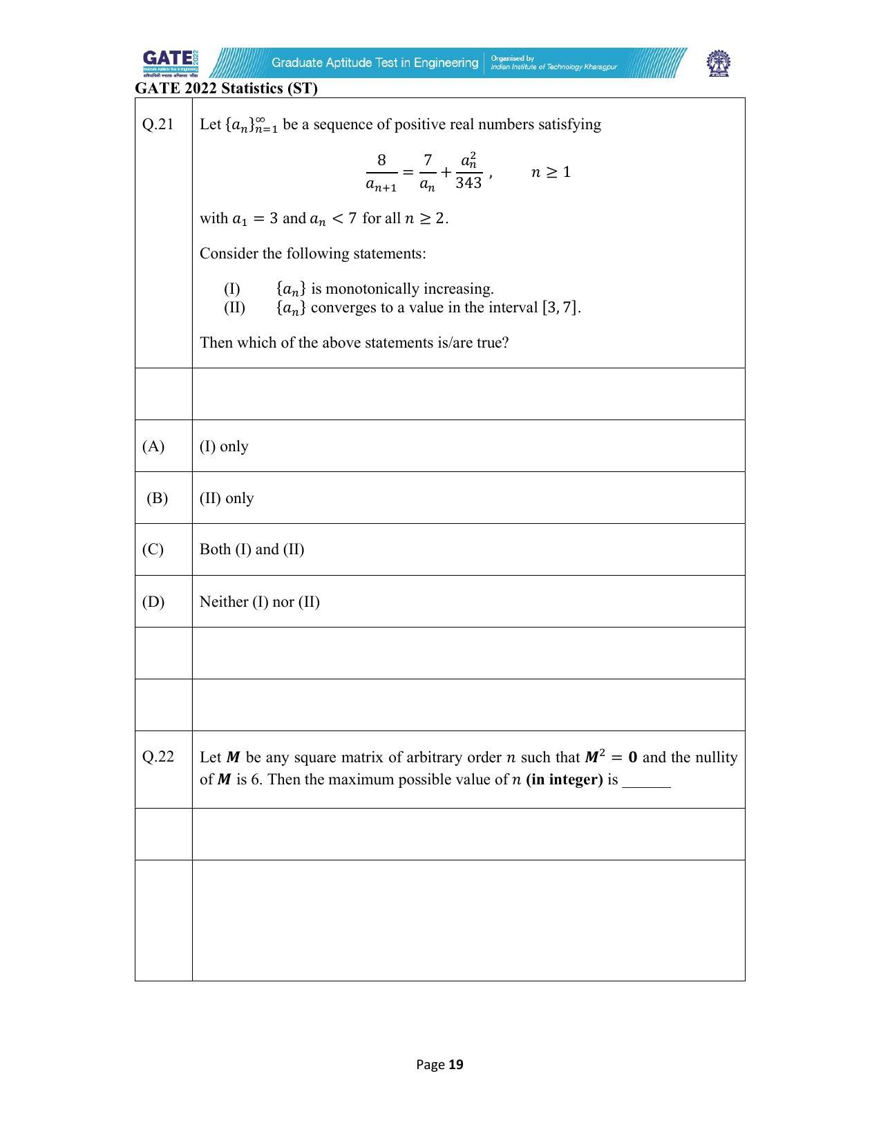 GATE 2022 Statistics (ST) Question Paper - Page 19