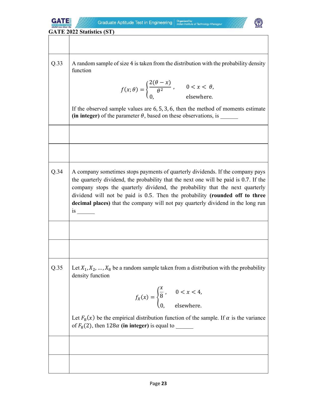 GATE 2022 Statistics (ST) Question Paper - Page 23
