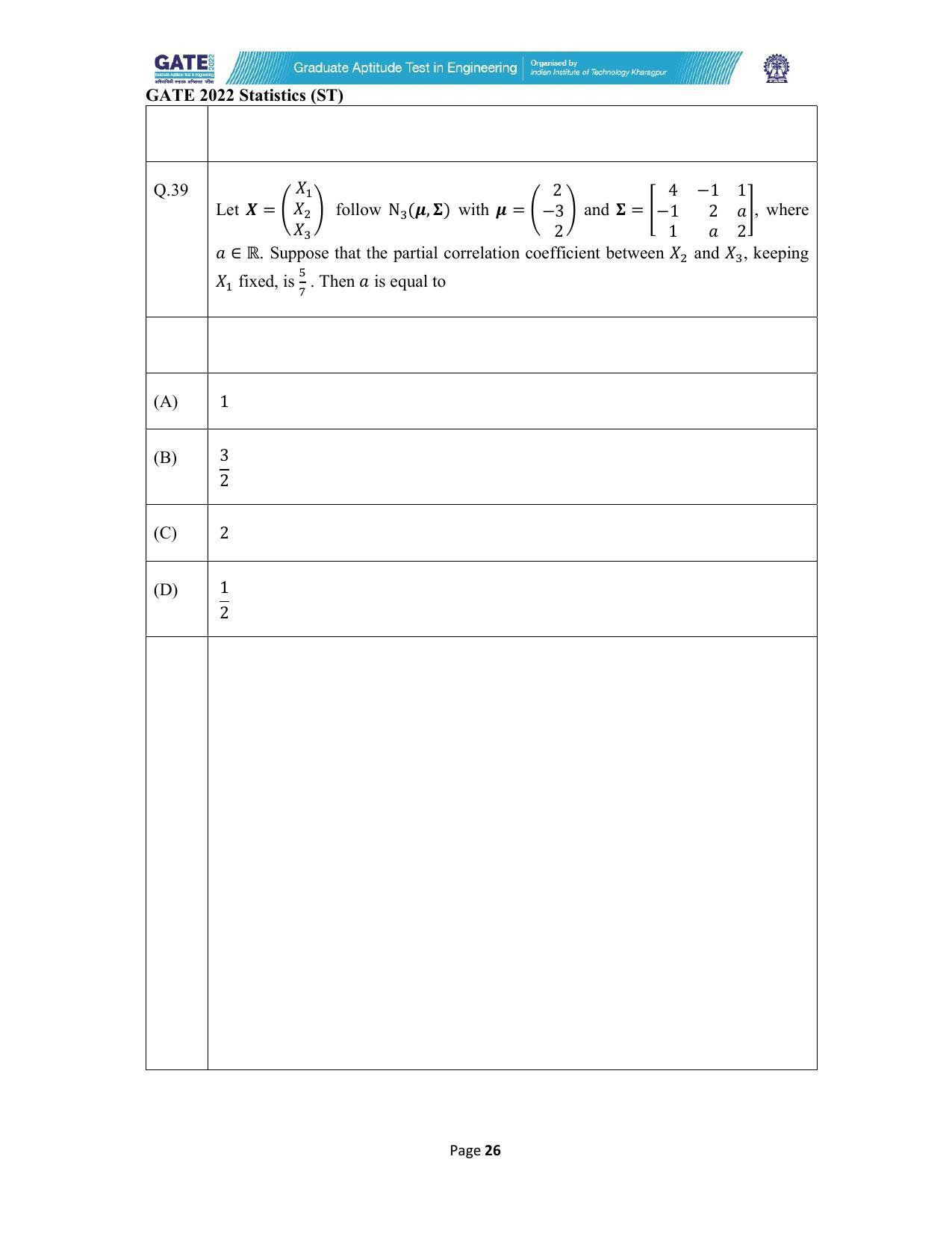 GATE 2022 Statistics (ST) Question Paper - Page 26