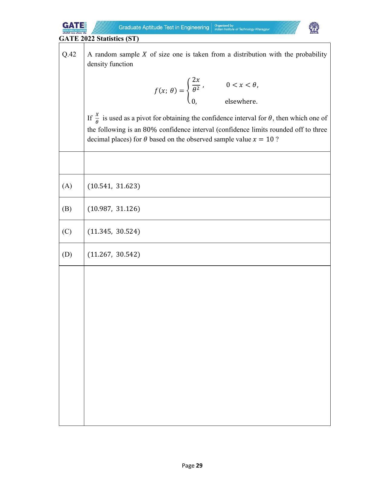 GATE 2022 Statistics (ST) Question Paper - Page 29