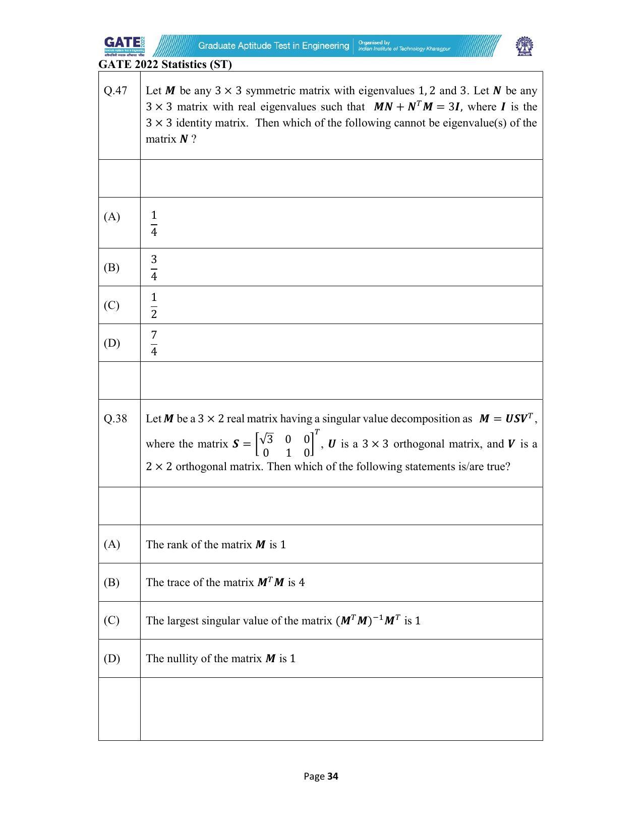 GATE 2022 Statistics (ST) Question Paper - Page 34