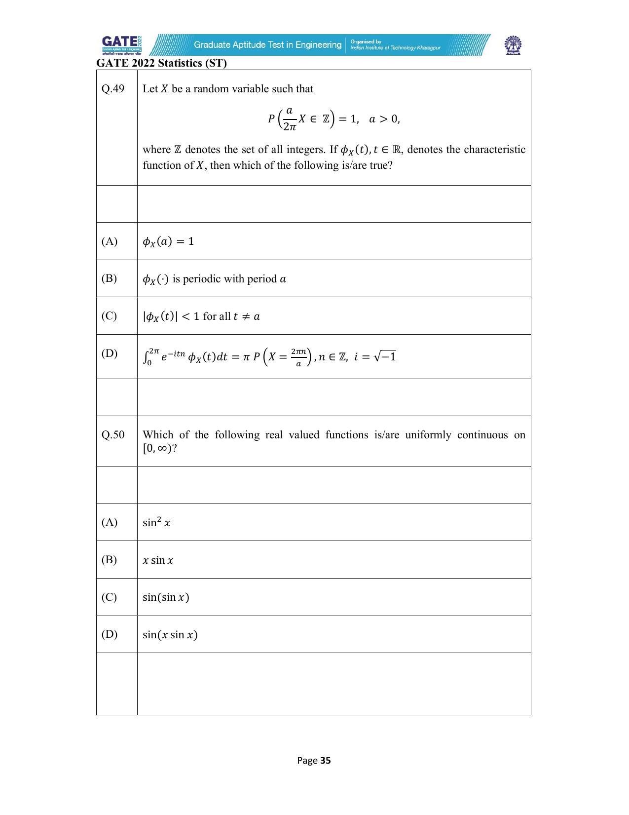 GATE 2022 Statistics (ST) Question Paper - Page 35