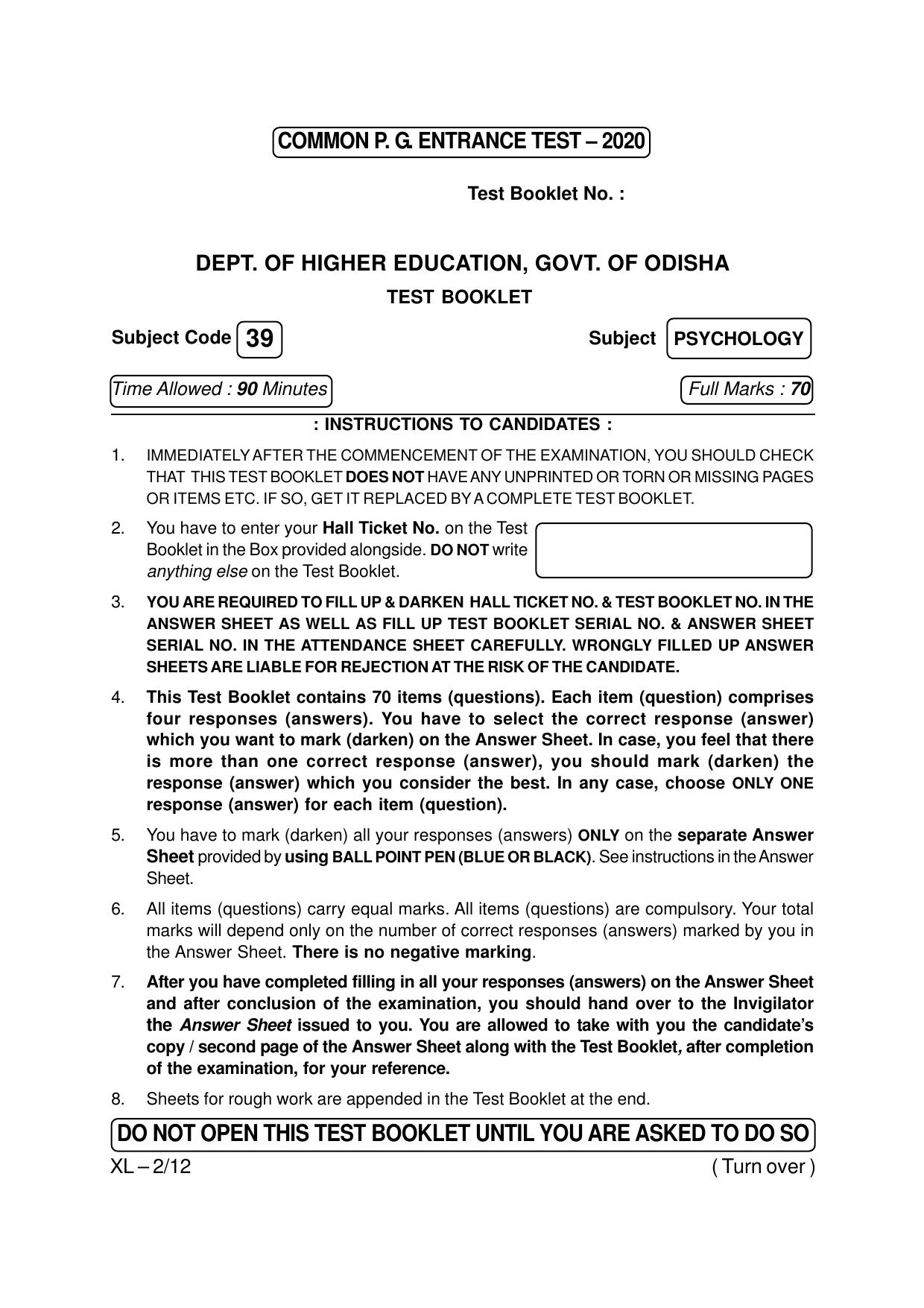 Odisha CPET PSYCHOLOGY 2020 Question Paper - Page 1