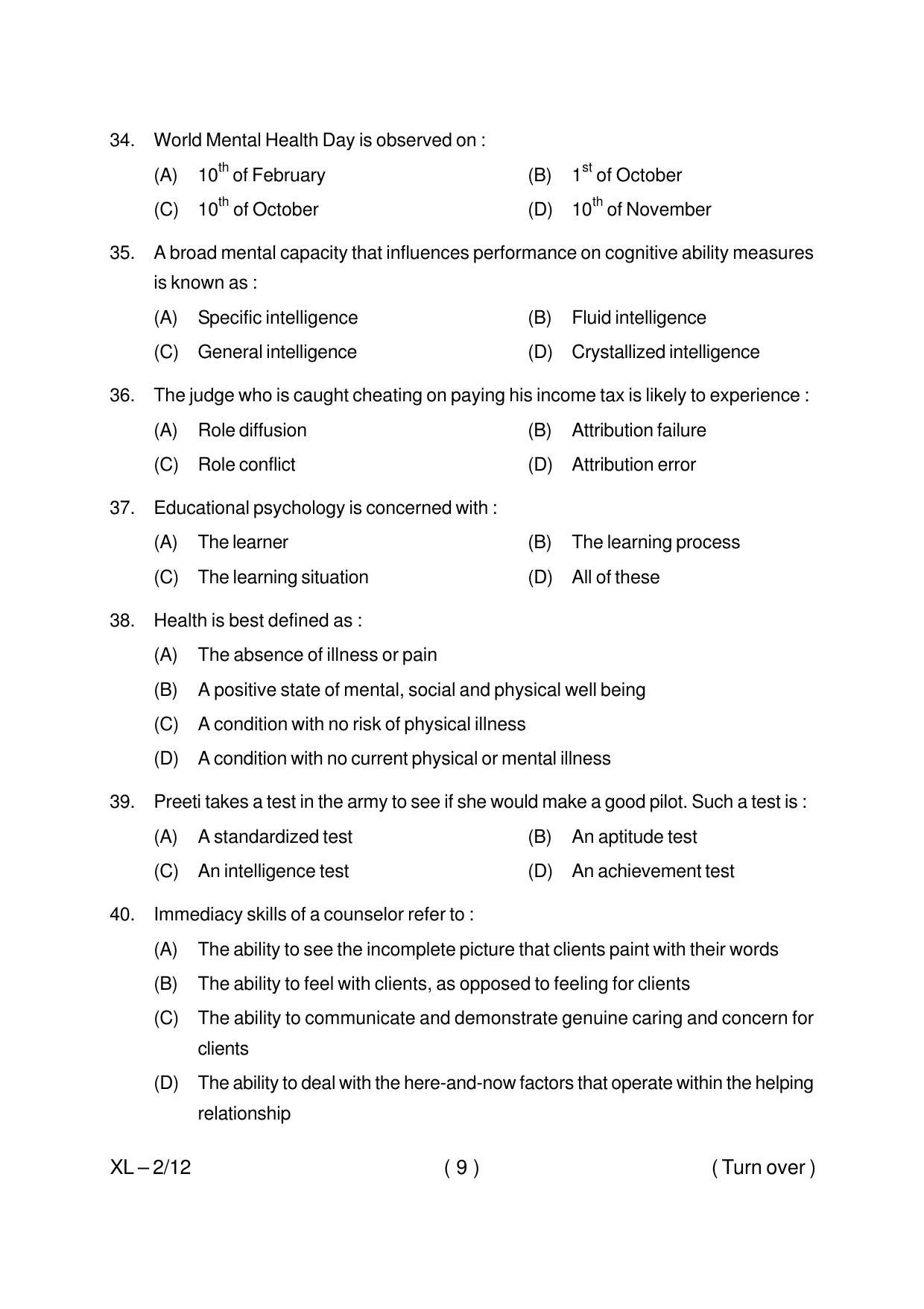 Odisha CPET PSYCHOLOGY 2020 Question Paper - Page 9