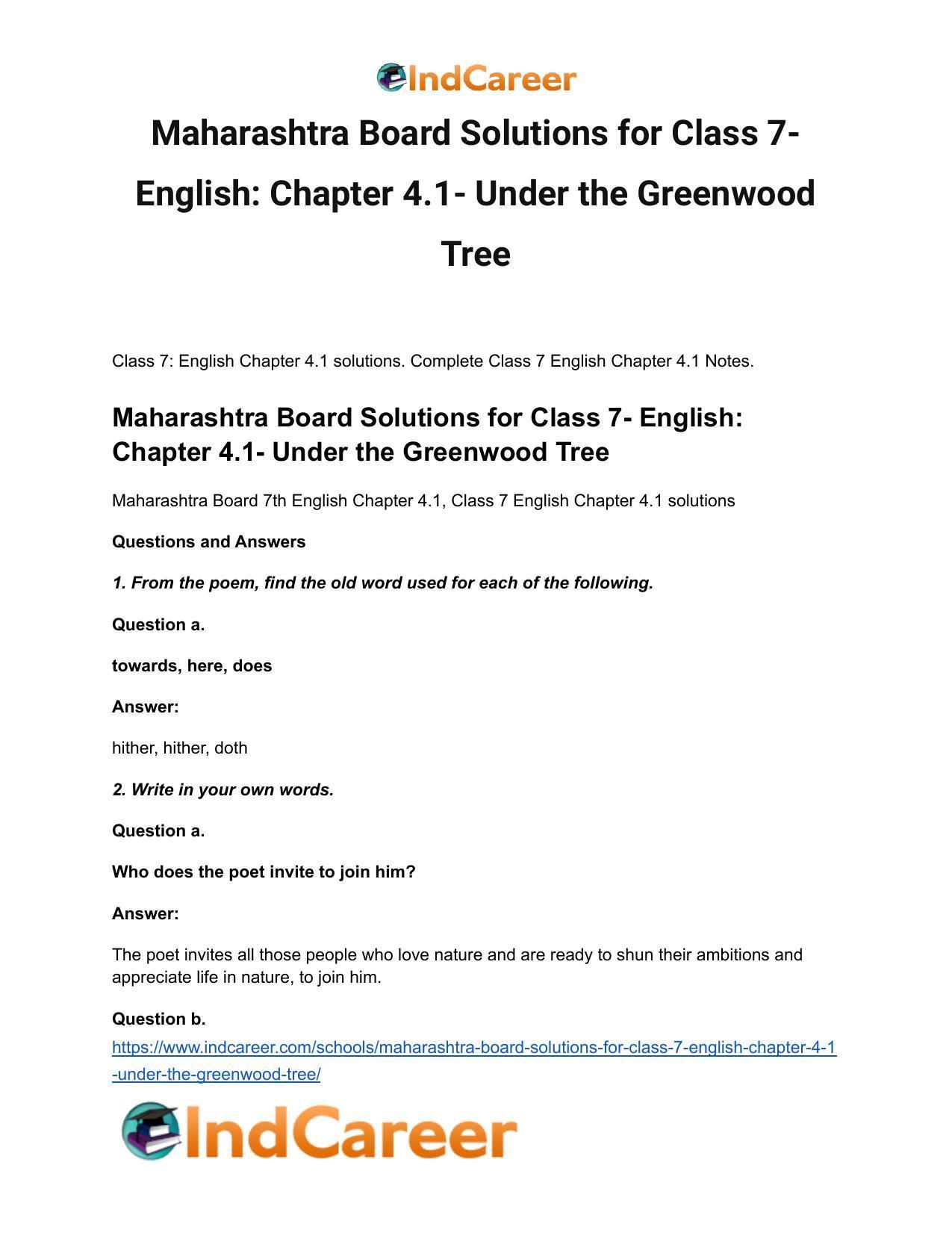 Maharashtra Board Solutions for Class 7- English: Chapter 4.1- Under the Greenwood Tree - Page 2