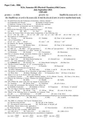 Hemchand North Gujarat University Sample Paper July-Sept 2021: M.Sc. Semester-III CH N-602 Physical Chemistry Paper Code - 5006 (Old Course)