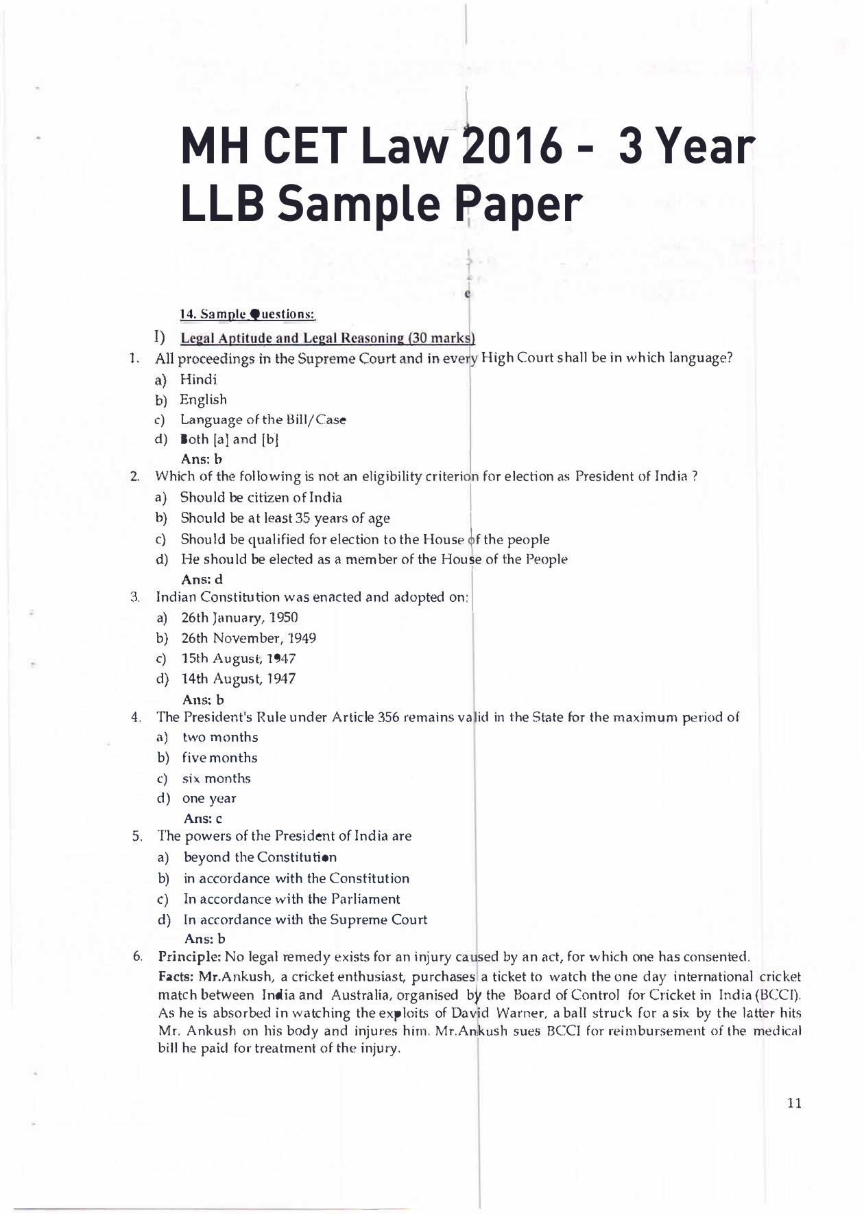 MH CET Law 2022 Sample Paper for 3 Year LLB (2016) - Page 1