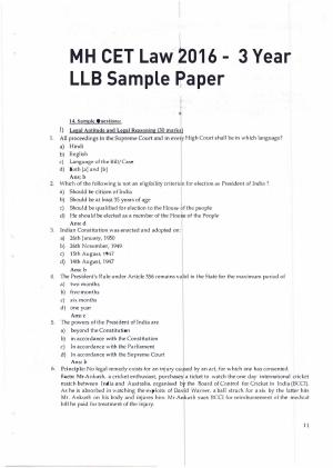 MH CET Law 2022 Sample Paper for 3 Year LLB (2016)