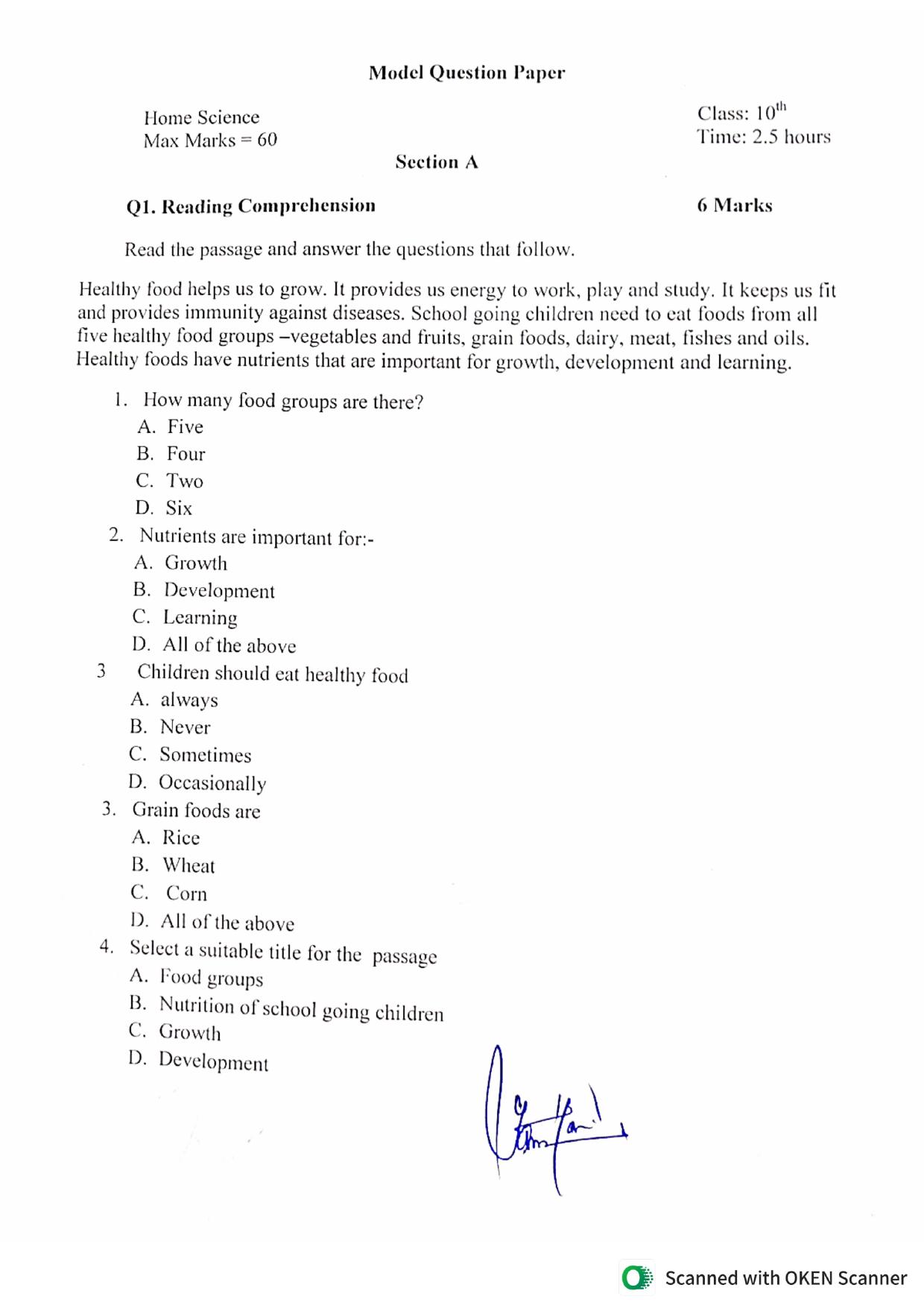 JKBOSE Class 10 CWSN Home Science Model Question Paper - Page 1