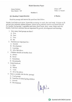 JKBOSE Class 10 CWSN Home Science Model Question Paper