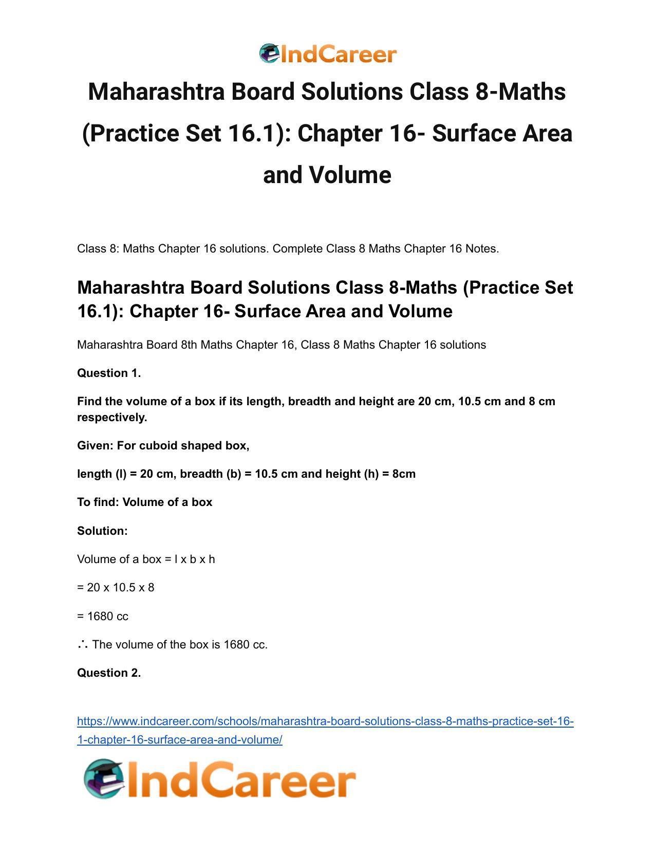 Maharashtra Board Solutions Class 8-Maths (Practice Set 16.1): Chapter 16- Surface Area and Volume - Page 2