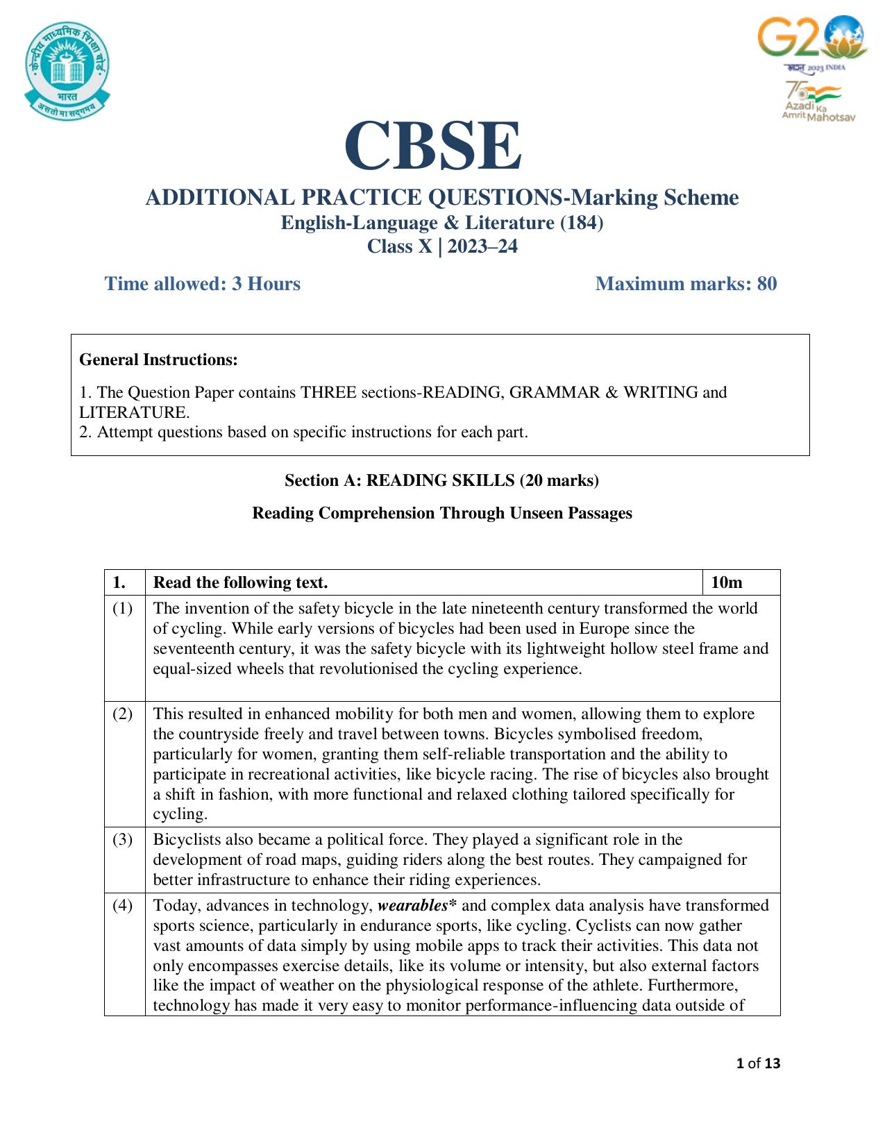 CBSE Class 10 English Set 1 Practice Questions 2023-24 - Page 1