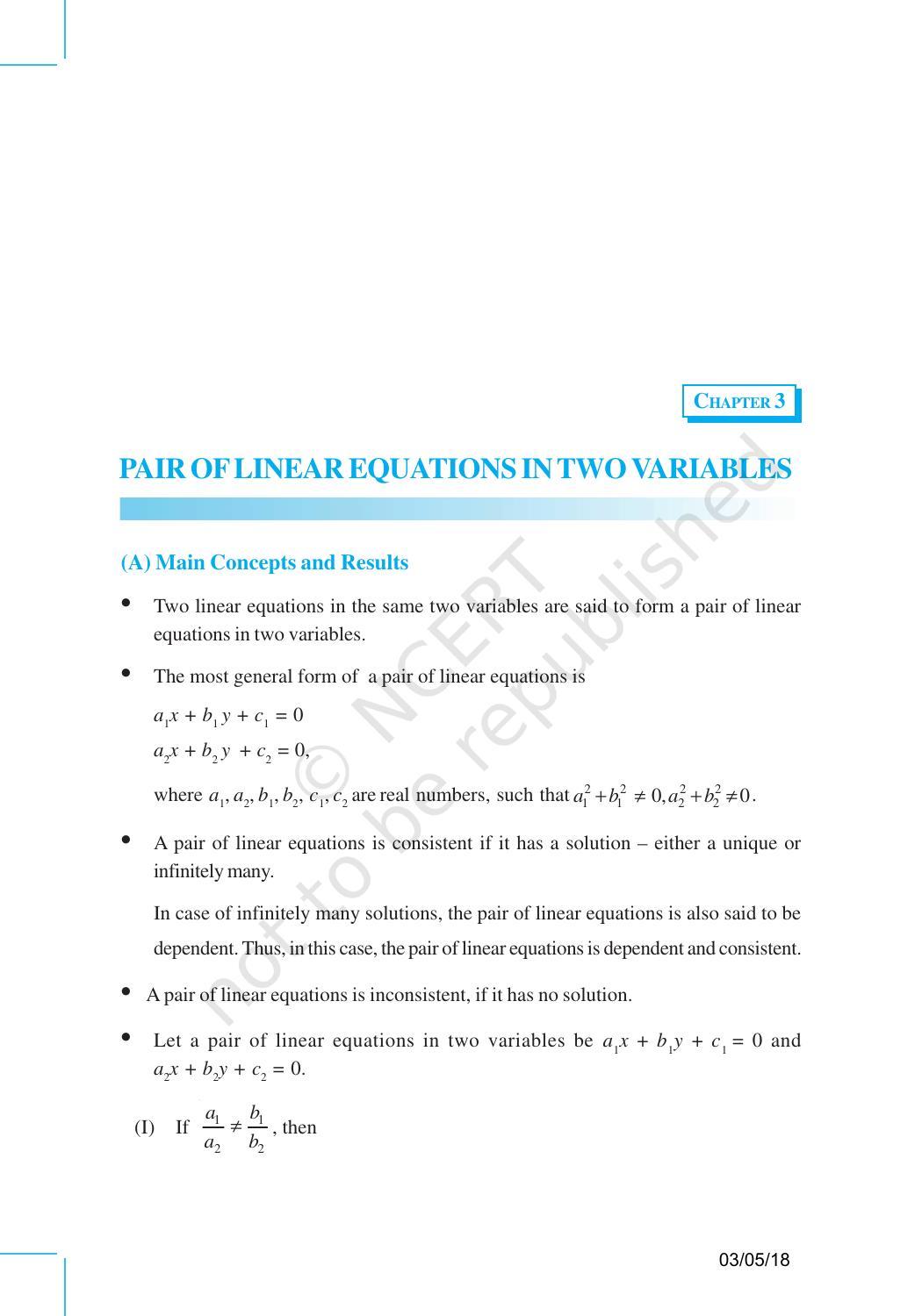 NCERT Exemplar Book for Class 10 Maths: Chapter 3 Pair of Linear Equations in Two Variables - Page 1