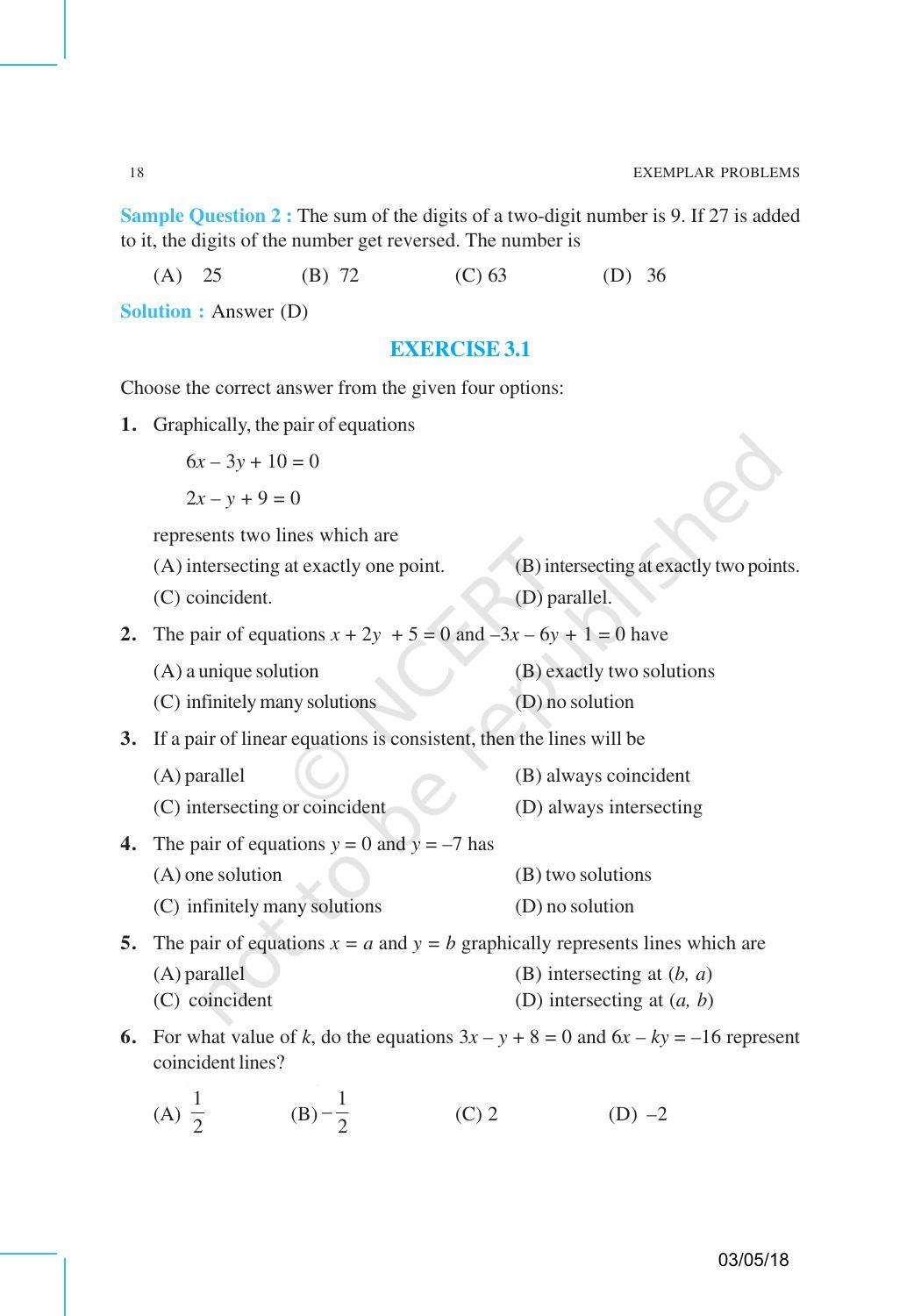NCERT Exemplar Book for Class 10 Maths: Chapter 3 Pair of Linear Equations in Two Variables - Page 3
